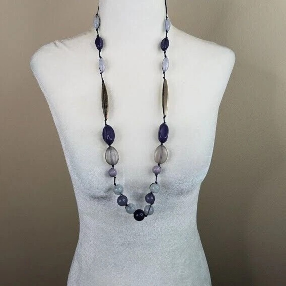 Fashion‎ Beaded Necklace Long Statement Purple Gray Bronze Cord Toggle Closure
